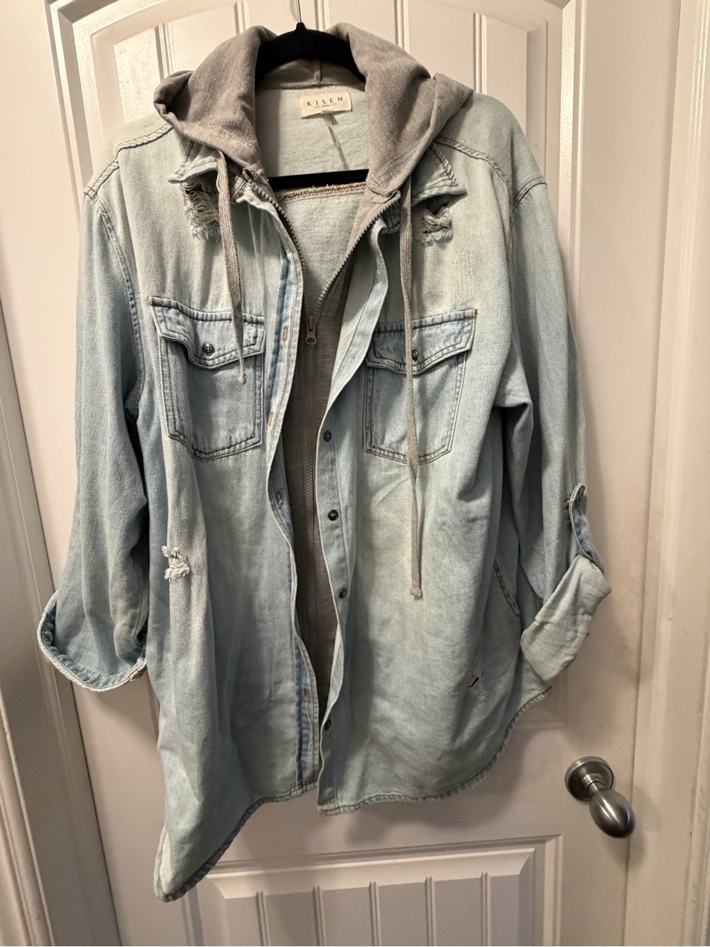 Risen distressed Light Blue Denim Hooded Shacket